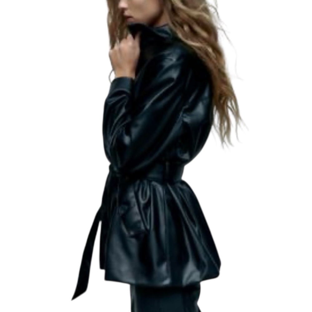 Zara NWT Faux Leather BLack Belted Jacket Size Medium - Picture 2 of 7